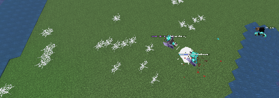 StrengthSMP gameplay screenshot: players fighting on a grass field with cobwebs next to a lake
